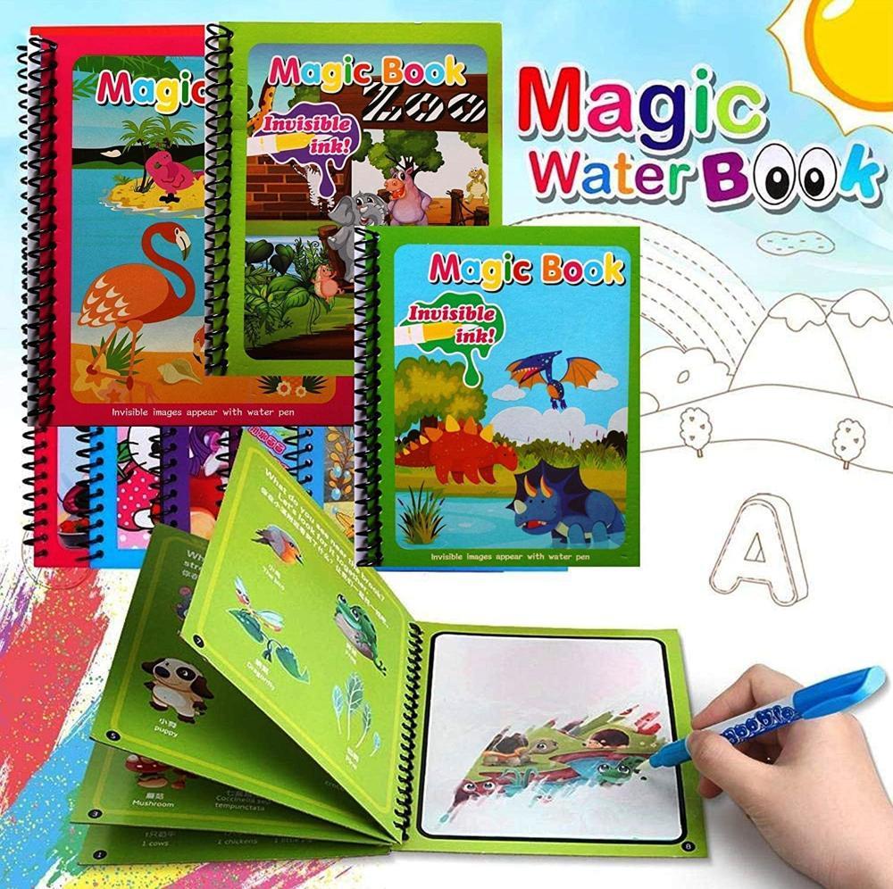 Reusable Magic Water Quick Dry Book Magic Pen Reusable Magic Water Quick Dry Book Water Coloring Book Doodle with Magic Pen Painting Board (Random Design & Assorted Color) (Multi Color, 4)